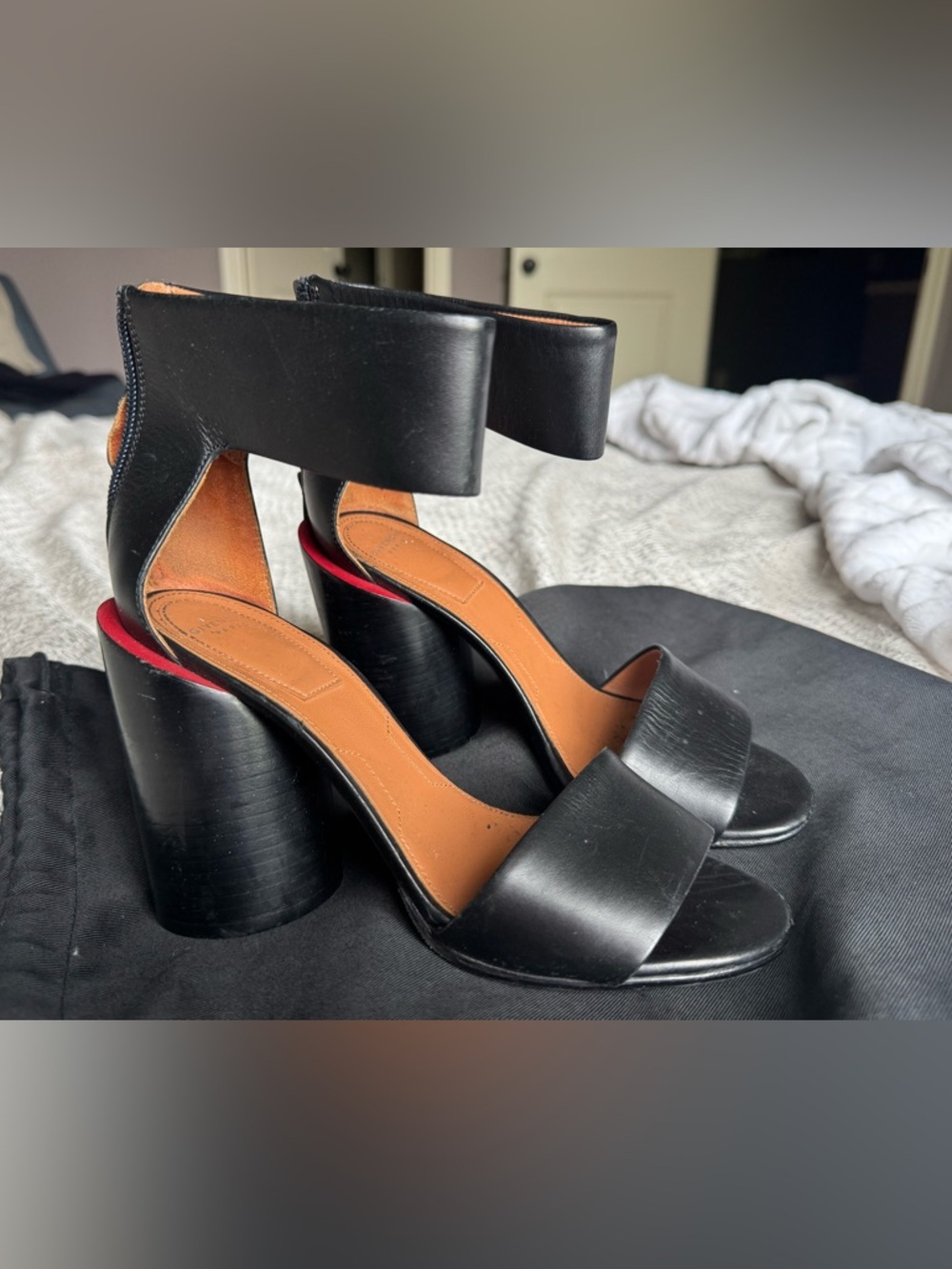 Givenchy Black Leather Block Heel Sandals with Subtle Red Trim